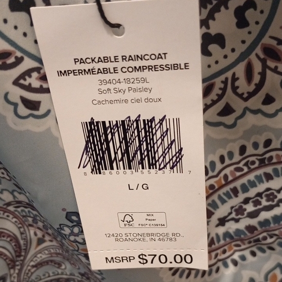 Vera Bradley Packable Raincoat in the Soft Sky Paisley pattern.  - Picture 4 of 7